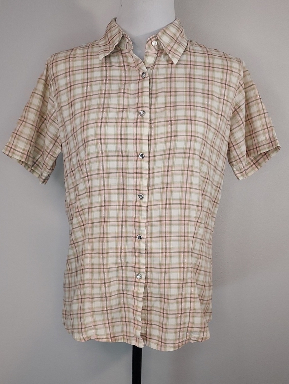 Wrangler Blues Jewel Snap Button Pink Green Plaid 100% Cotton S/S Shirt Size Med